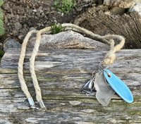 River Glass Necklace  silver sailboat charm ceramic shard &  river glass on  Hemp cord 