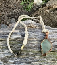 River Glass Necklace  copper wrapped antique glass on Hemp 