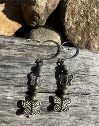 metalic butterfly charms with crackle beads fish hook earrings