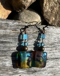 Amazingly colorful  squares of dichroic color shifting glass beads with accent beads  fish hook earrings