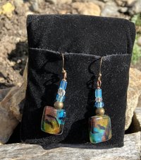 Amazingly colorful  squares of dichroic color shifting glass beads with accent beads  fish hook earrings