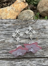 Lucite flower pink and pastel crystal Rondelle bead diamond shaped filigree large fish hook earrings