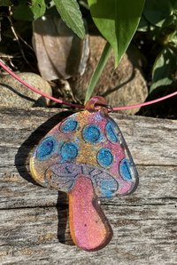 Resin pendant necklace Mushroom  blue polka dots ( hemp cord or steel cable)