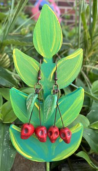 red cherries Skulls green antique glass leaf  fishhook