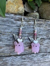 lamp work glass Pink Pig on a wing  /heart beads  earrings