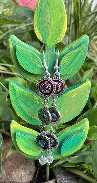 Metal purple blue and green mandala drop  fish hook earrings 