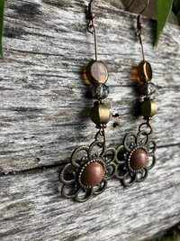 Flower  charm  with glass metal and crystal two tone  beads  copper colored  stylish fish hook earrings  