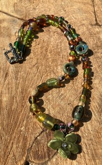 Velvet flower w rhinestone  a mix of lampwork glass czech glass wooden beads metal beads Autumnal collection - 1