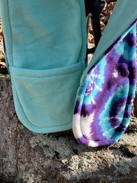 Handmade by Lucky Burrito Beautiful Hooded Scarves inspired by the designs of Sienna Rose* tie dye spiral of blue and purple with sea foam opposite 
