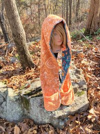 Handmade by Lucky Burrito Beautiful Hooded Scarves inspired by the designs of Sienna Rose* teal woodland and vegetation opposite orange mandala  motif reversible  Fleece