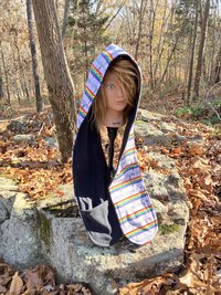 Handmade by Lucky Burrito Beautiful Hooded Scarves inspired by the designs of Sienna Rose* fully reversible Pink floyd licensed rainbow heart beat motif opposite black fleece 