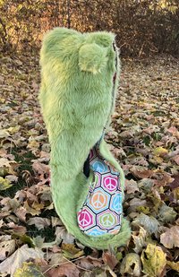 Handmade by Lucky Burrito Beautiful Hooded Scarves inspired by the designs of Sienna Rose* Granny Smith green faux fur with bear ears & with peace sign patterns opposite and inside of ears 