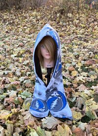 Handmade by Lucky Burrito Beautiful Hooded Scarves inspired by the designs of Sienna Rose*    Grateful Dead licensed steal your face (stealie) with coordinating black opposite  fleece