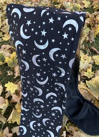 Handmade by Lucky Burrito Beautiful Hooded Scarves inspired by the designs of Sienna Rose*   Holographic moon and stars stretch knit cotton with black fleece opposite 