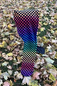 Handmade by Lucky Burrito Beautiful Hooded Scarves inspired by the designs of Sienna Rose*   psychedelic rainbow checkerboard pattern super plushy fleece with black opposite