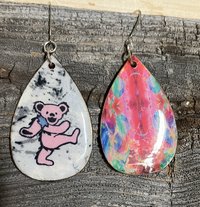 Handmade by Lucky Burrito Grateful Dead pink dancing bear wood earrings