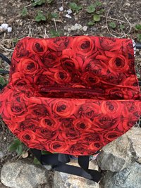 Handmade coffin bag by Lucky Burrito with Day of the dead and red roses fabric