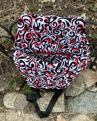 Handmade coffin bag by Lucky Burrito with dancing skeletons on black fabric with coordinating black, white and red graffiti fabric