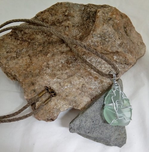 River Glass Necklace antique glass criss cross on hemp