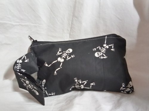 Handmade by Lucky Burrito dancing skeleton on black motif zippered wristlet bags (clutch) M