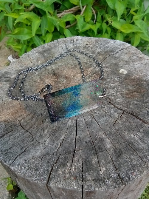 Resin rectangle  pendant  b&b sparkles gun metal chain