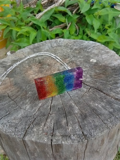 Resin rectangle  rainbow pendant 