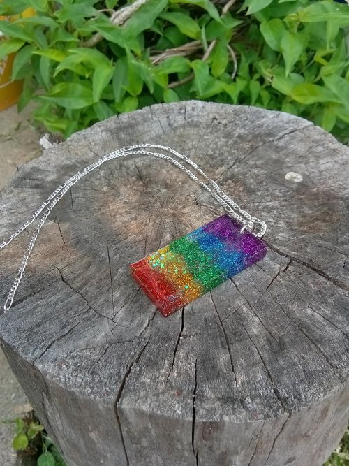 Resin rectangle  rainbow pendant 