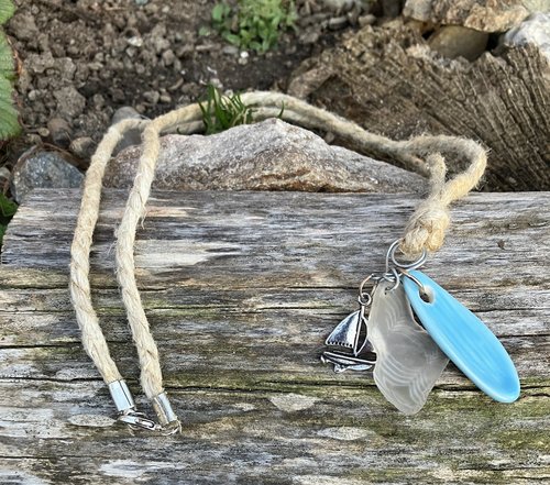 River Glass Necklace  silver sailboat charm ceramic shard &  river glass on  Hemp cord 