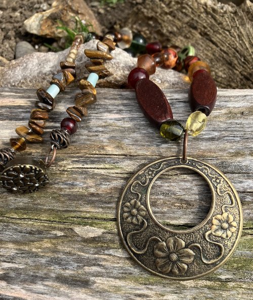 Flowers and peace sign earth toned  beaded necklace 