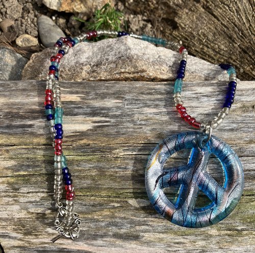 beaded red white and blue peace sign necklace 