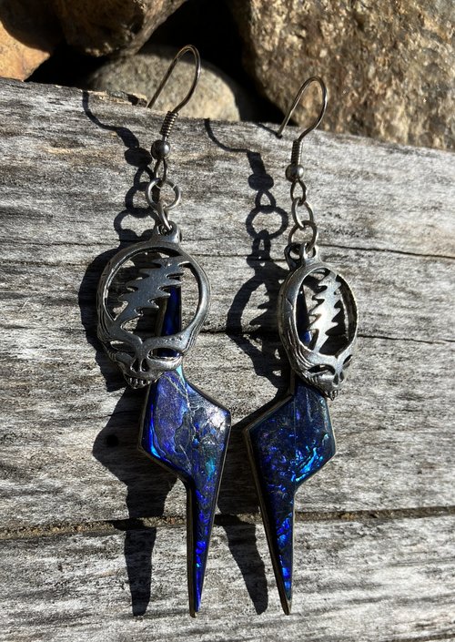 Grateful Dead Stealies with Abalone Bolts inlaid in metal  fish hook earrings