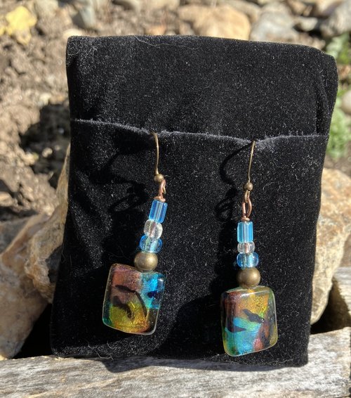 Amazingly colorful  squares of dichroic color shifting glass beads with accent beads  fish hook earrings