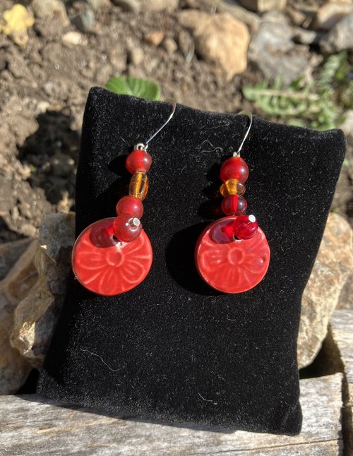 glazed red ceramic flowers with amber beads   fish hook earrings