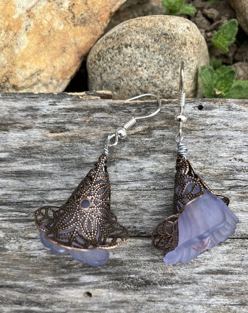 Lucite flower bead ruffled purple Calla lily with tear drop pink crystal and metal  filigree bead cap  fish hook earrings