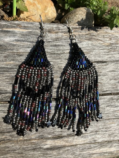  hematite and black iridescent seed beads bugle beads  glass beads   earrings