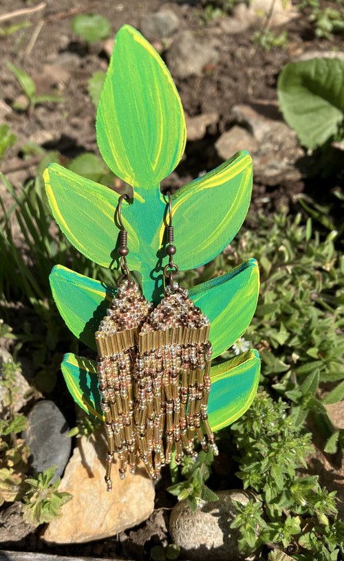 Asymmetrical  gold,copper silver colored seed beaded earrings