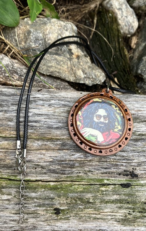 Jerry Garcia wooden pendant necklace