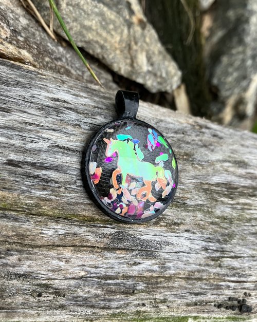 holographic Unicorn Glass and metal Pendants