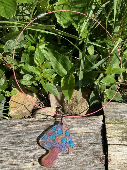 Resin pendant necklace Mushroom  blue polka dots ( hemp cord or steel cable)