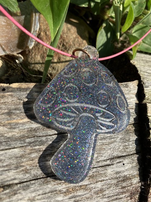 Resin pendant necklace Mushroom color changing  darker ( hemp cord or steel cable)