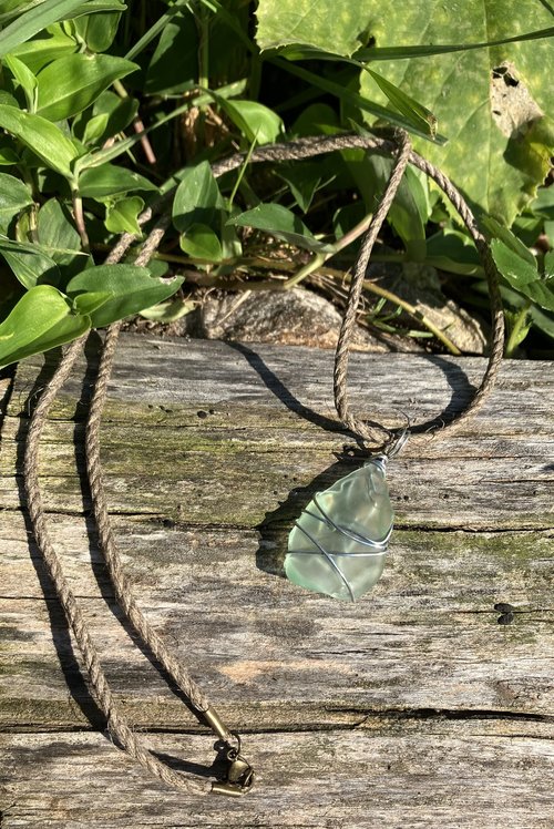 River Glass Necklace antique glass criss cross on hemp