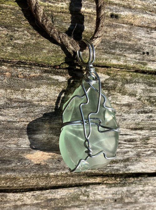 River Glass Necklace antique glass criss cross on hemp