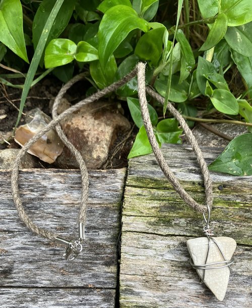 River Glass Necklace white pottery  hemp cord 