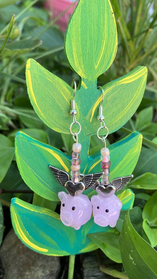 lamp work glass Pink Pig on a wing  /heart beads  earrings