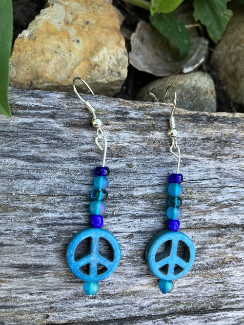 Blue Peace sign earrings with glass beans fishhook 