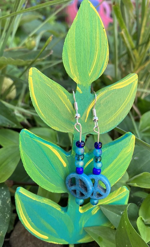 Blue Peace sign earrings with glass beans fishhook 