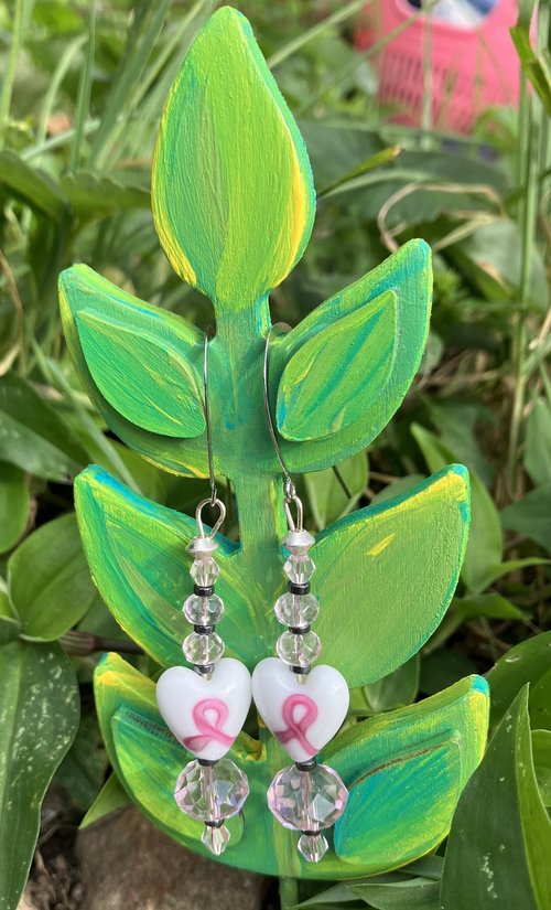 Lamp work Breast cancer Ribbon heart with pink crystal and hematite beads  earrings 