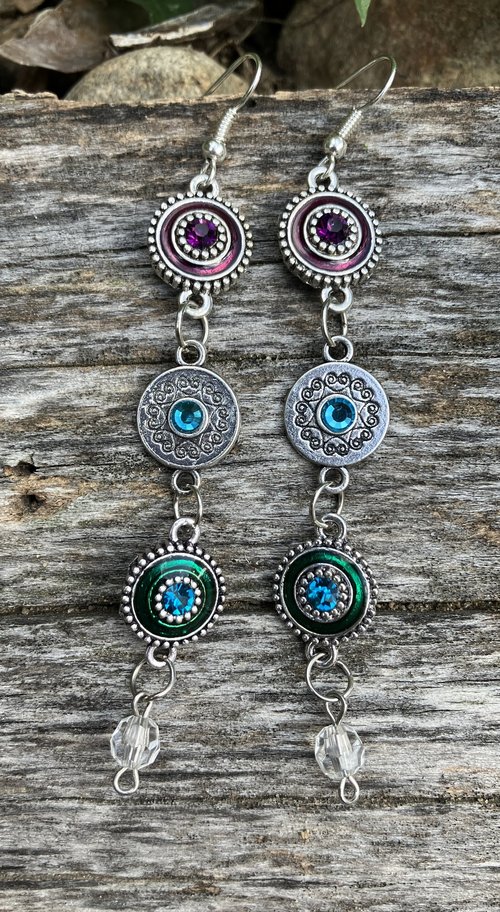 Metal purple blue and green mandala drop  fish hook earrings 