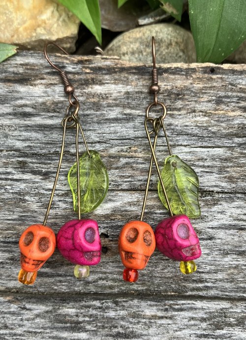 Pink and orange cherry Skulls green glass leaf  fishhook