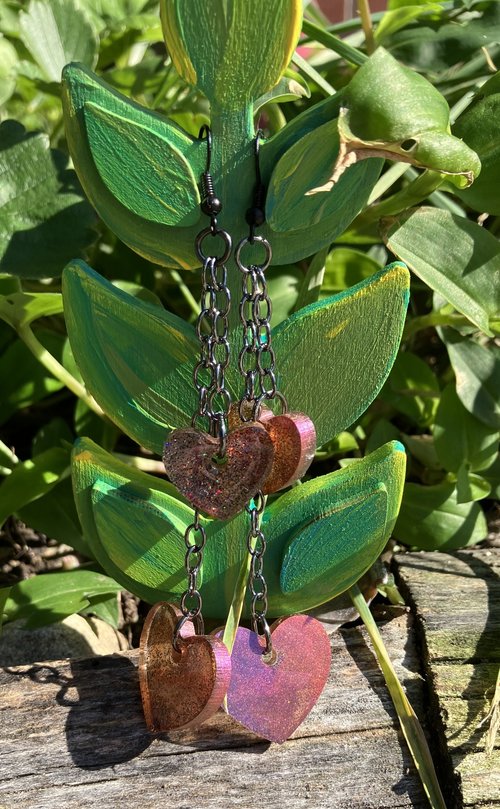 holographic resin hearts in pink and purple on black gunmetal chain on black  fish hooks